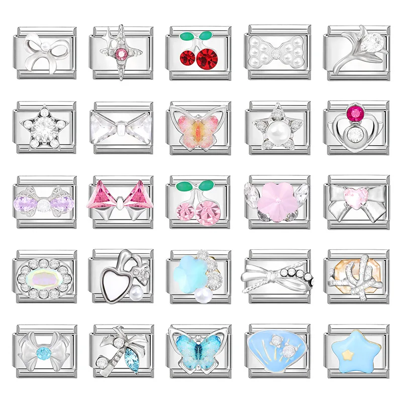 304 Stainless Steel Modular Charm Stretch Bracelet DIY Splice White Diamond Butterfly Series