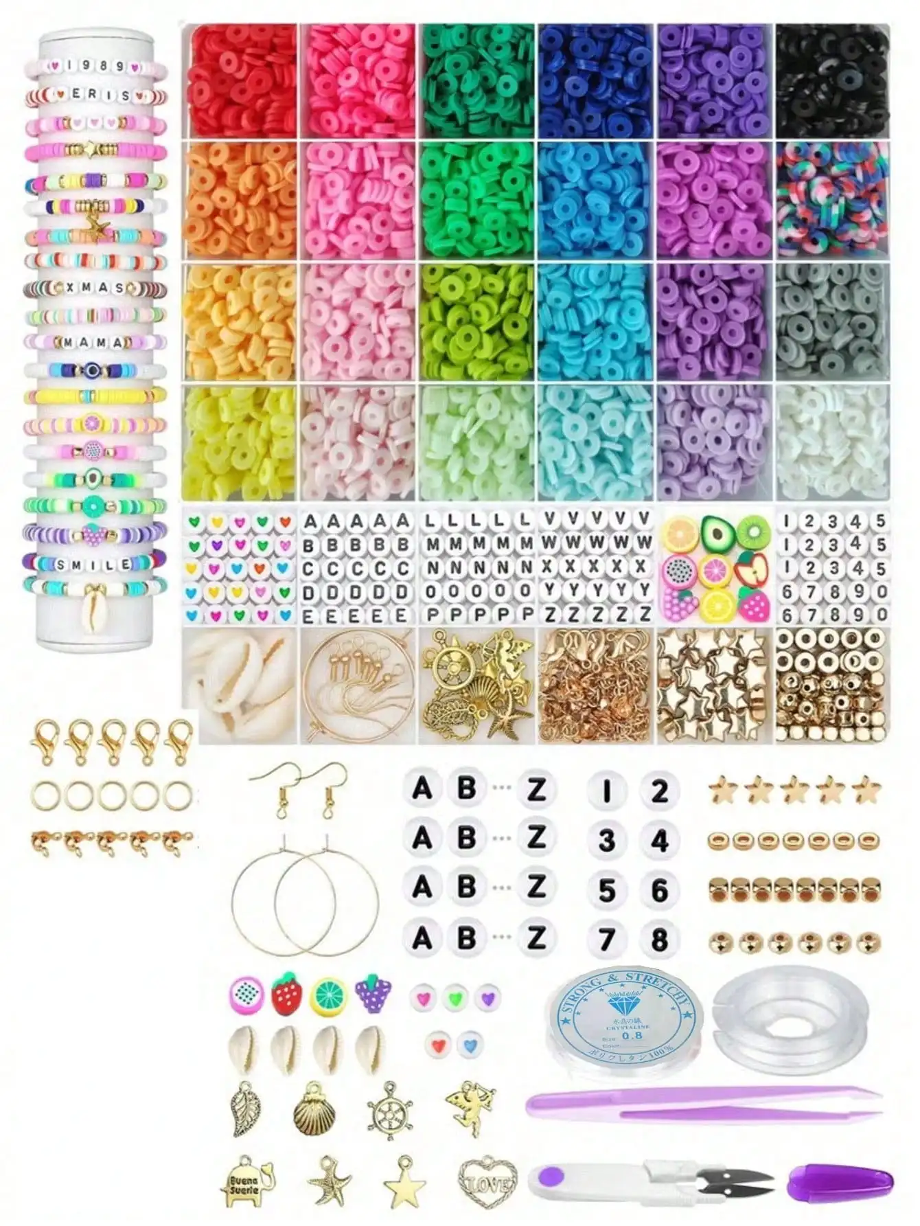 6000+pcs Clay Beads Jewelry Making Kit – 24-Color Flat Polymer Clay Beads with Charms & Elastic Strings, DIY Bracelet Necklace E