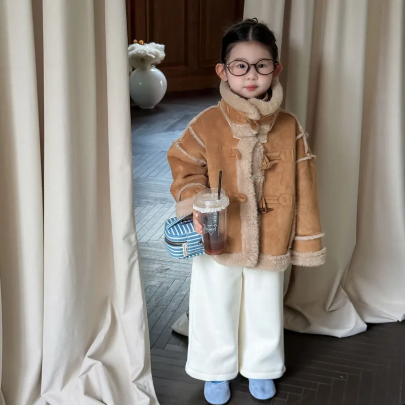 

Осень-зима 2022, плотная хлопковая детская одежда, винтажное замшевое пальто из овечьей шерсти с воротником-стойкой для девочек, куртка для детей 3-10 лет