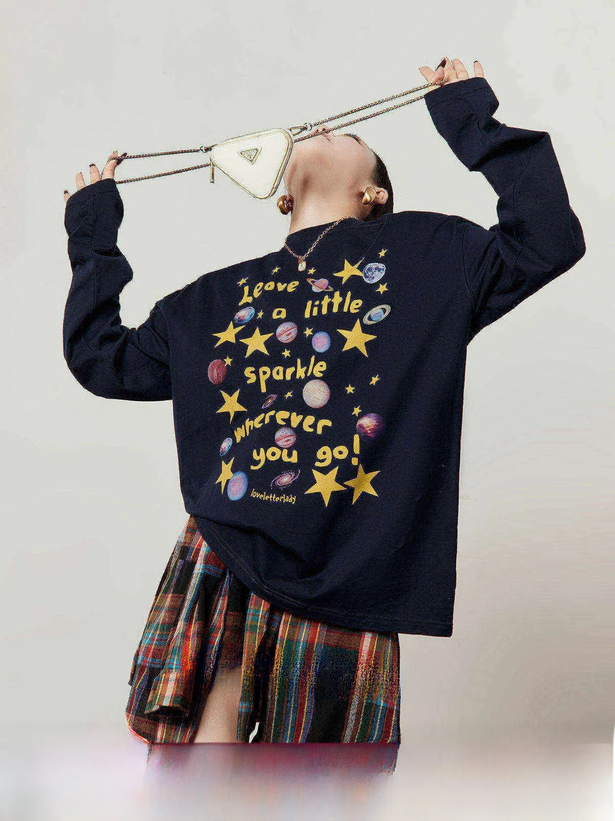 

Loose Fit round Neck Navy Blue T-Shirt Star Earth Design Long Sleeve Women's Casual Top Spring 2026 New Arrival Zhou Li Wu