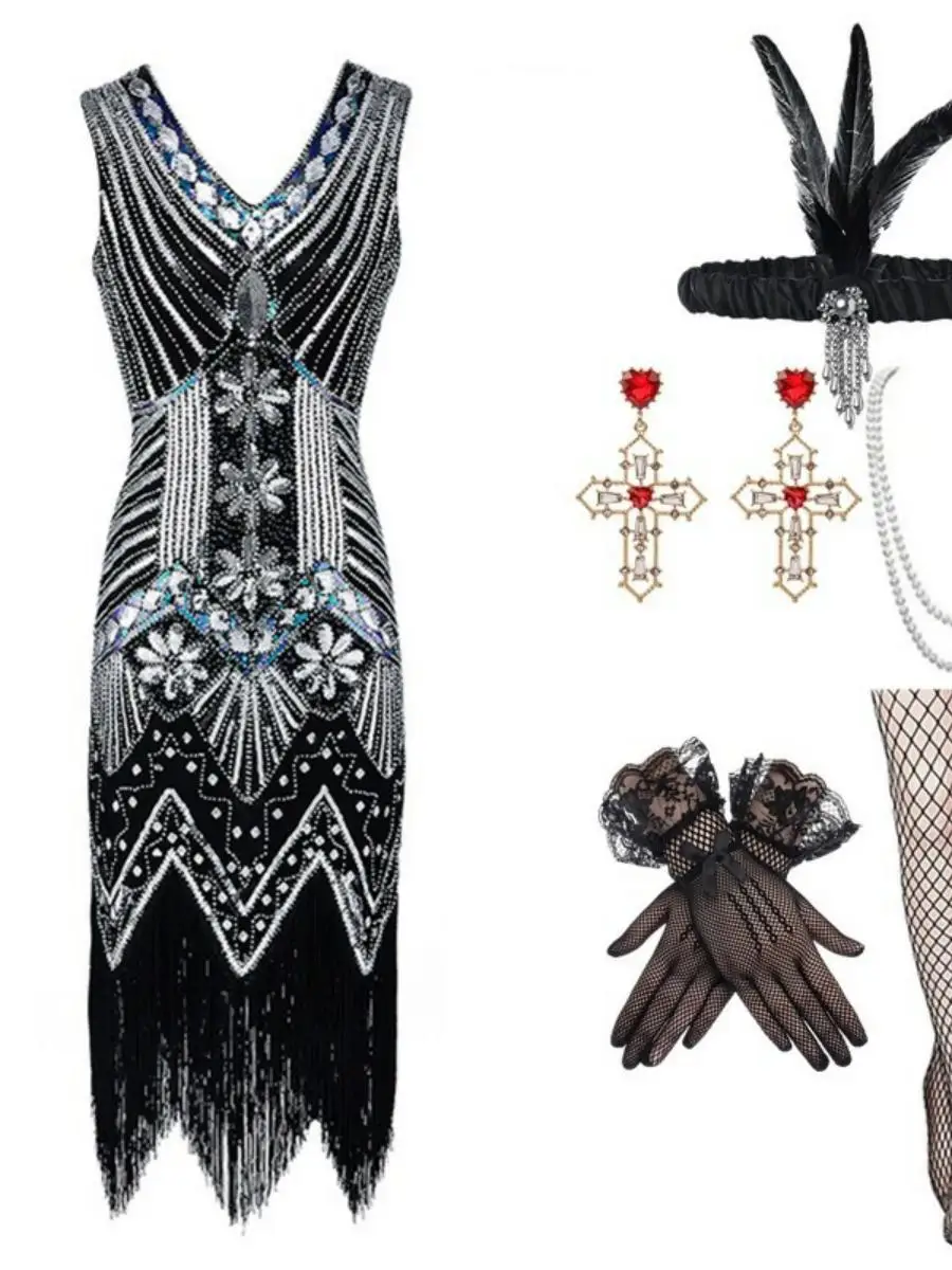 Suknia wieczorowa w stylu retro lat 90., inspirowana Gatsby'owymi latami, z frędzlami, duży rozmiar, dekolt w serek, zestaw, tradycyjny kostium damski, strój na występy sceniczne.