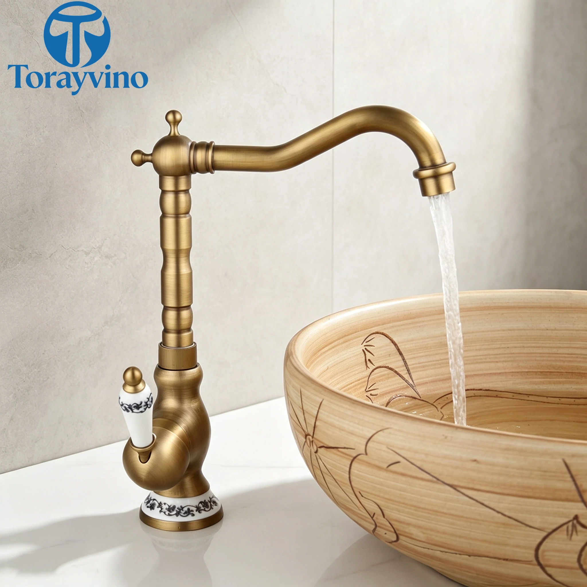 Torayvino Luxury Bathroom Basin Antique Brass Single Handle Faucets 360 Swivel Spout Sink Hot Water Faucet Mixer Tap For Kitchen
