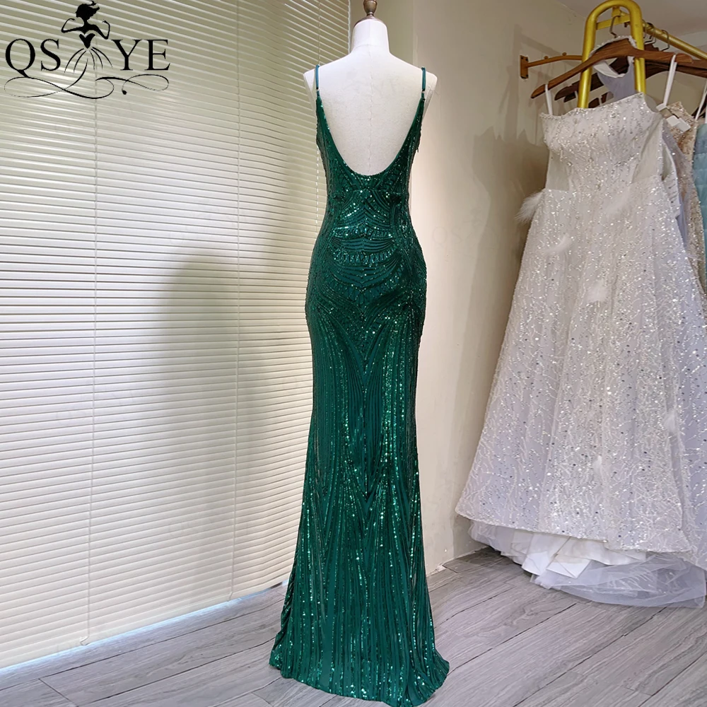 Spaghetti Straps V Neck Sequin Emerald Prom Dresses Full Mermaid Pattern LaceEvening Gown Party  Backless Fit Green Formal Dress