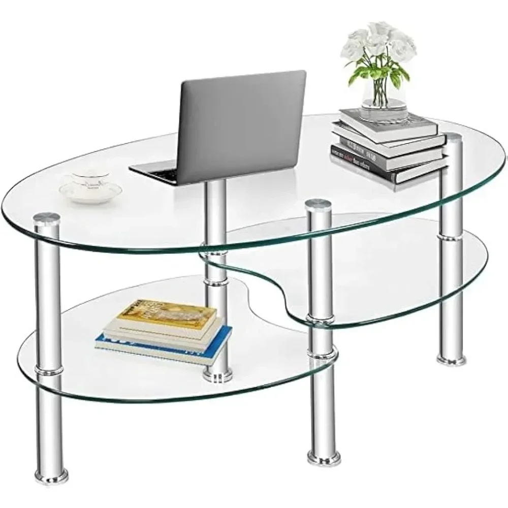 

Oval 3-Tier Modern Smooth Tea Table w/Spacious Glass Desk-Top, Shelf & Sturdy Chrome Plated Leg End Table Home Office Reception