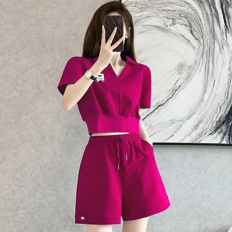 

2023 Summer New Popular Color Pitaya Short Sleeve Suit Women's Solid Color Fashion Slimming Youthful-Looking Casual Shorts