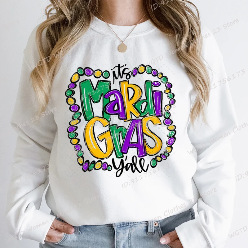 Felpa senza cappuccio alla moda da donna Top divertenti It's Mardi Gras Y'all Stampa Pullover girocollo da donna Pullover casual in puro colore