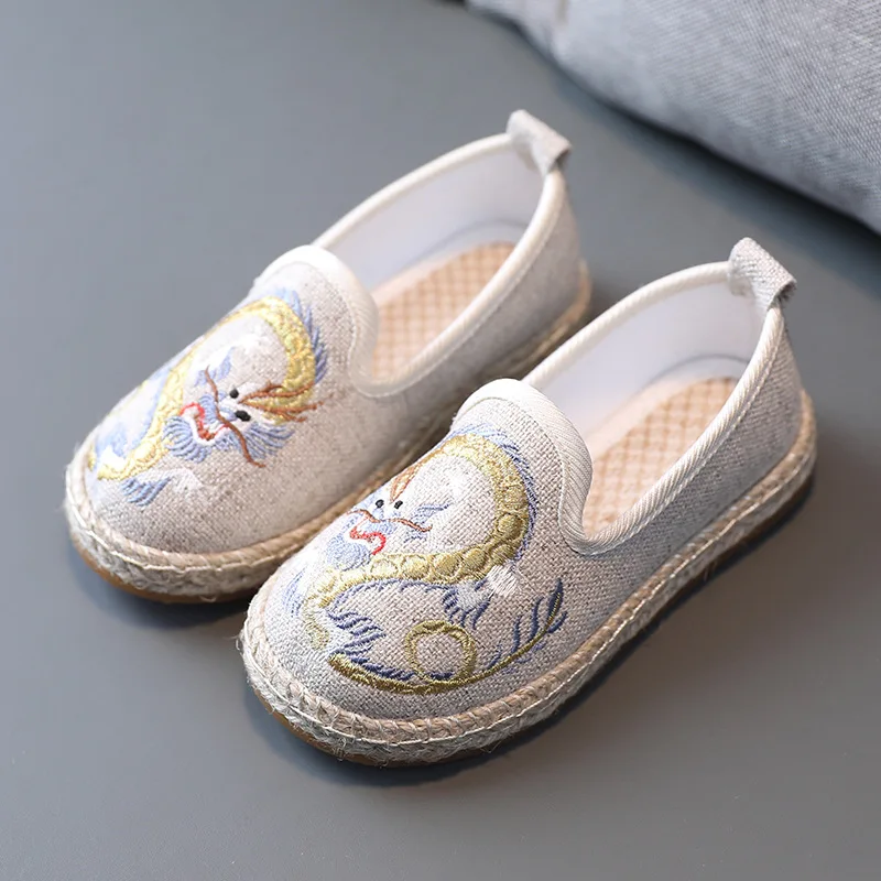 Comfortable Soft bottom Boys Shoes Chinese Style Dragon Embroidered Cotton Cloth Shoes for Boy Flat Ancient Perform Shoes Kids