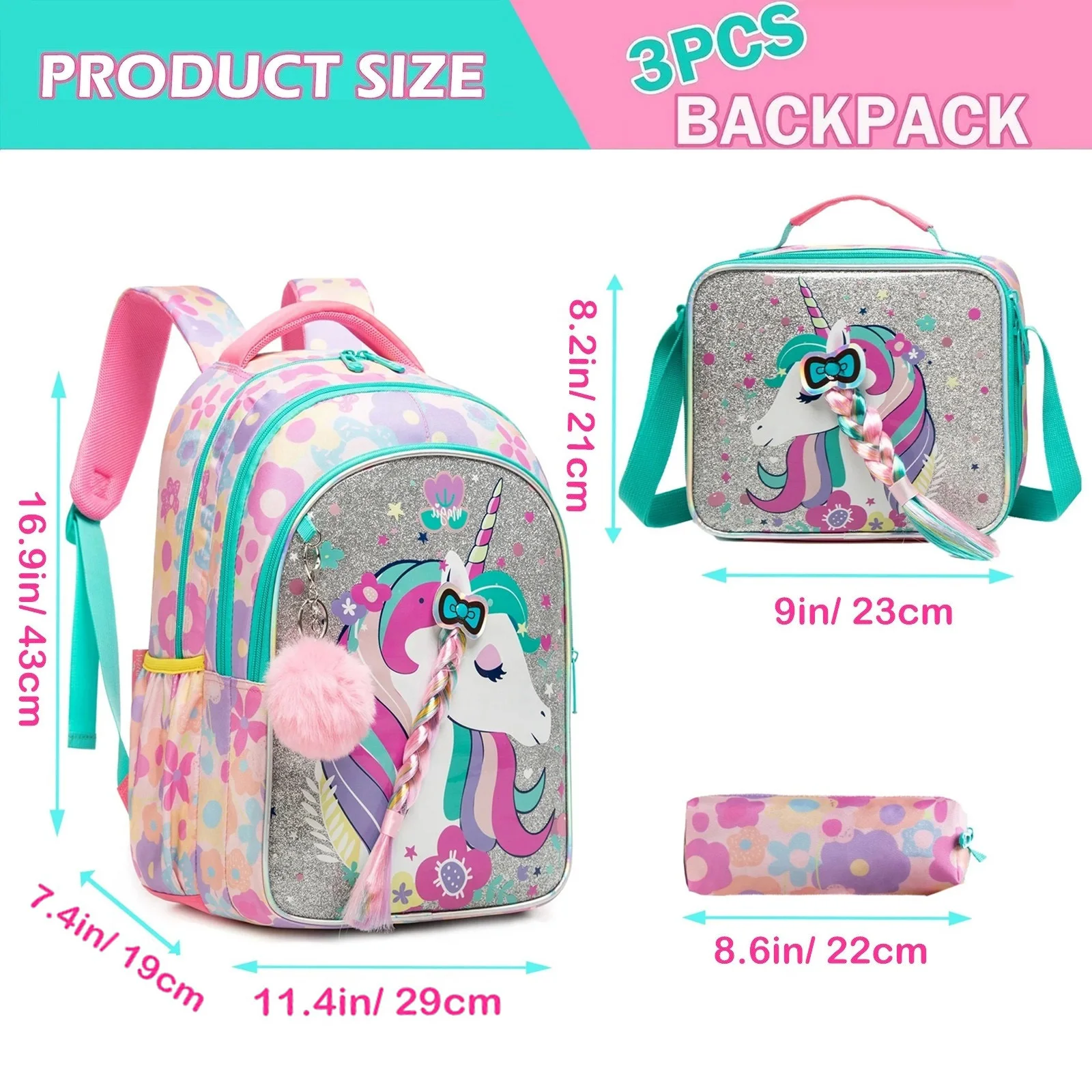 Unicorn School Bags for Girls 3 in 1 Bookbag Set with Insulated Lunch Bag Lightweight Backpack for Elementary Student Mochila