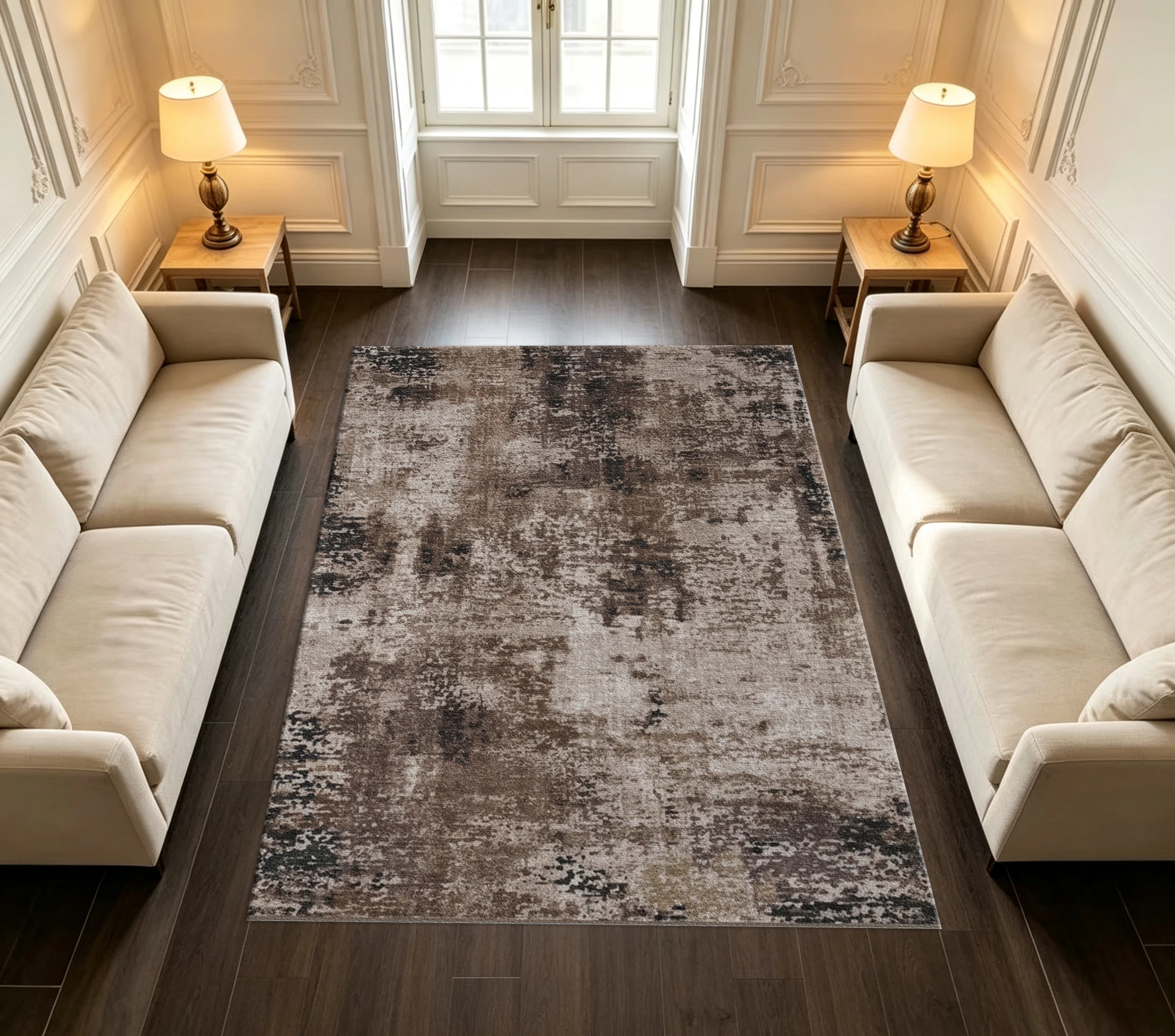 Vintage Distressed Faded Abstract Area Rug Carpet Flooring Retro Neutral Tone Soft Floor Mat for Living Room