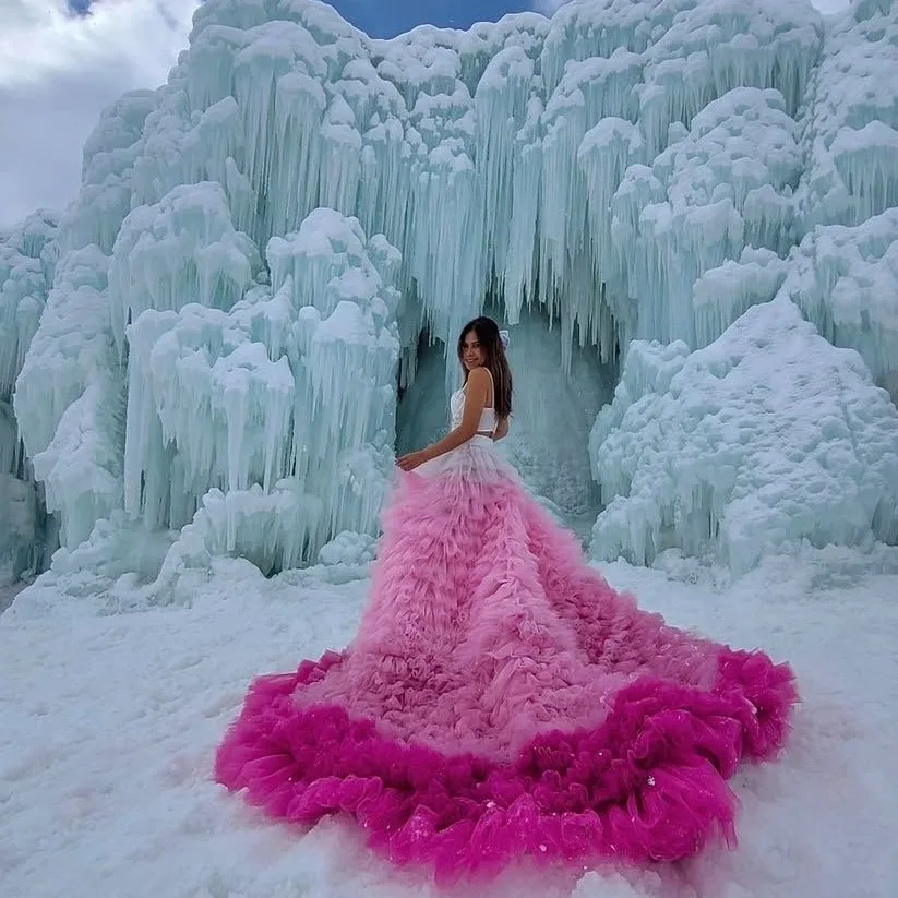 

Ombre Pink Tutu Skirts Women Tierred Ruffles jupe femme Female Skirts Maxi Lush Train Layered Long Skirt with Elastic Waistband
