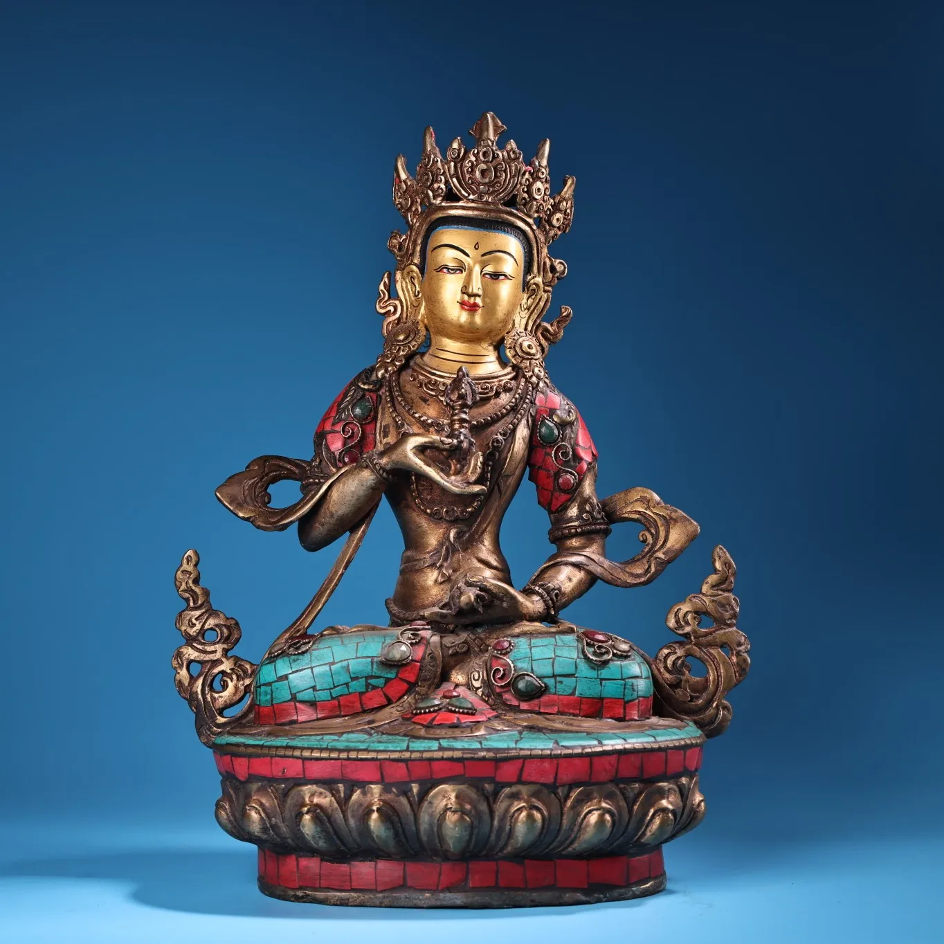 

13"Tibetan Temple Collection Old Bronze Outline in gold Mosaic Gem Turquoise Vajrasattva Dorje Lotus Sitting Buddha Worship Hall