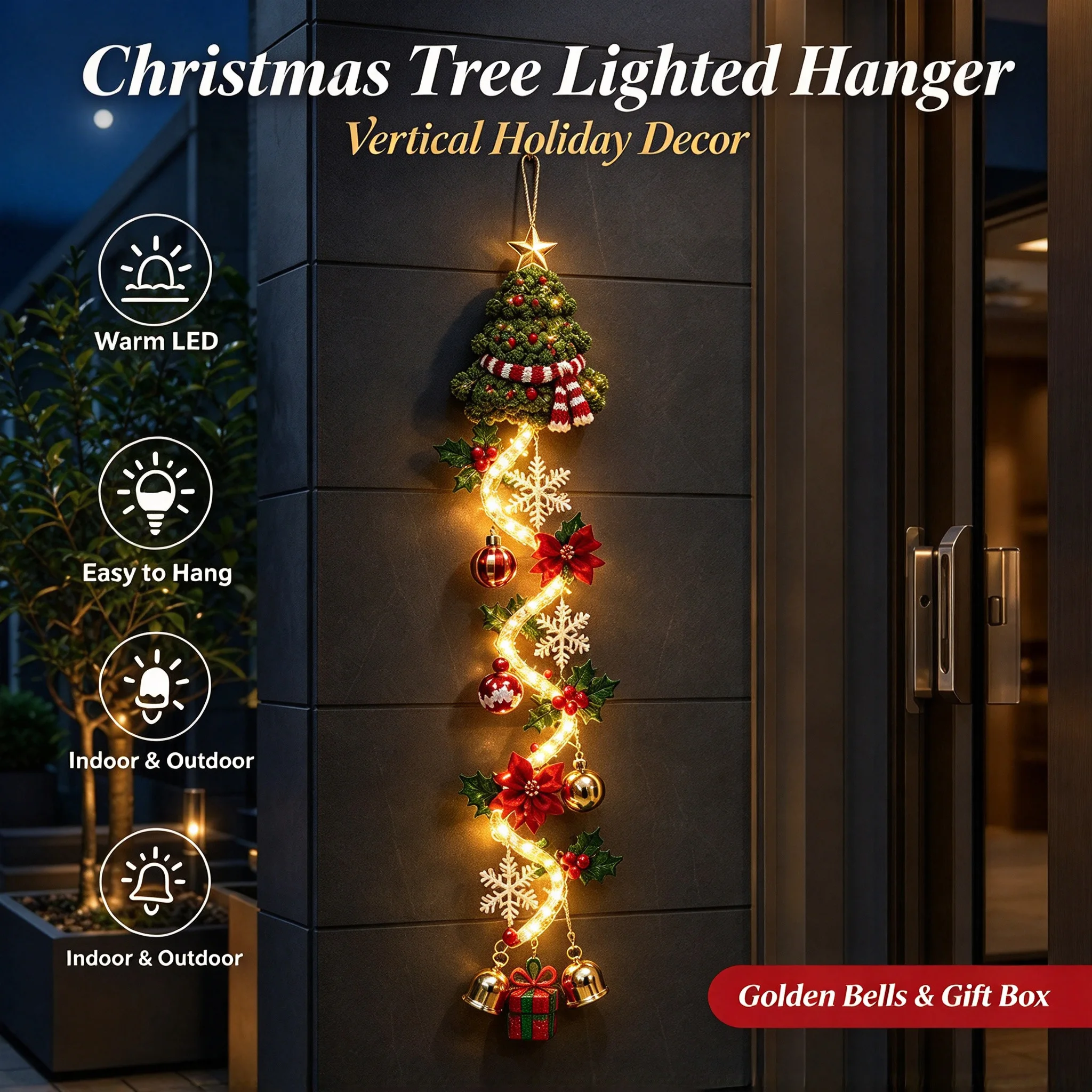 Lighted Christmas Door Hanger Rustic Festive Swag Decoration LED Lights Front Door Wall Porch Window Holiday Home Decor Gift
