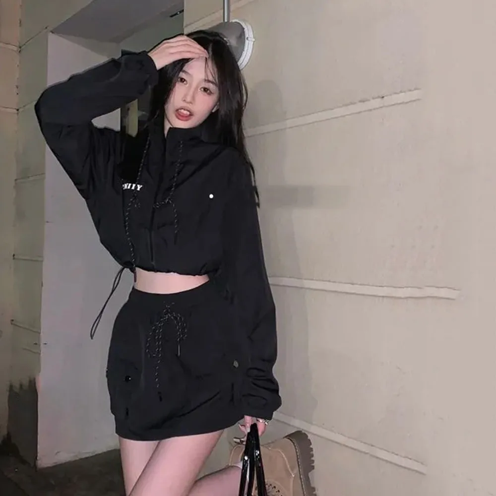 Casual Tracksuit Sets For Women 2 Pieces Black Windbreaker Zip Cropped Jackets + Fashion Streetwear Hippie Short Skirt Harajuku