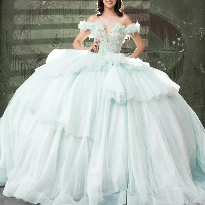 

aqua blue Shiny Ball Gown Quinceanera Dresses Beading Crystal Tiered Tull Corset Off The Shoulder Sweet 16 Dress vestidos 15 de