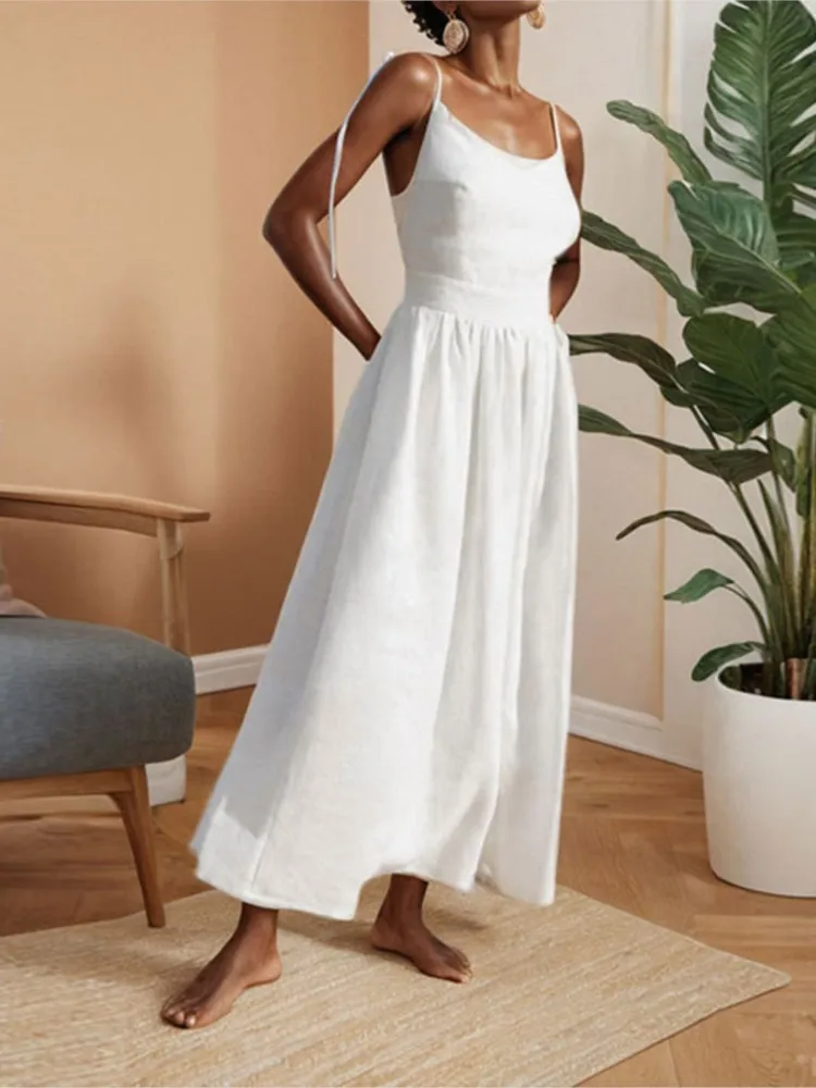 

Women's Backless Elegant Style Sexy V-neck High Waist Fashion Suspender Dress Summer Sleeveless Simple Solid Color Casual Dress