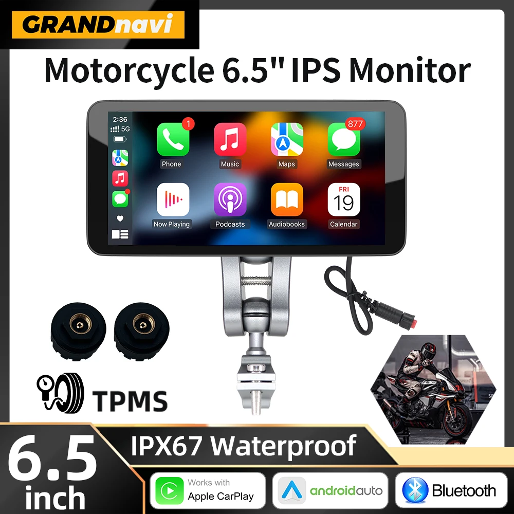 6.5 inch Motorcycle Portable Smart Display IP67 Waterproof Wireless CarPlay Android Auto Removable Bracket Bluetooth Monitor