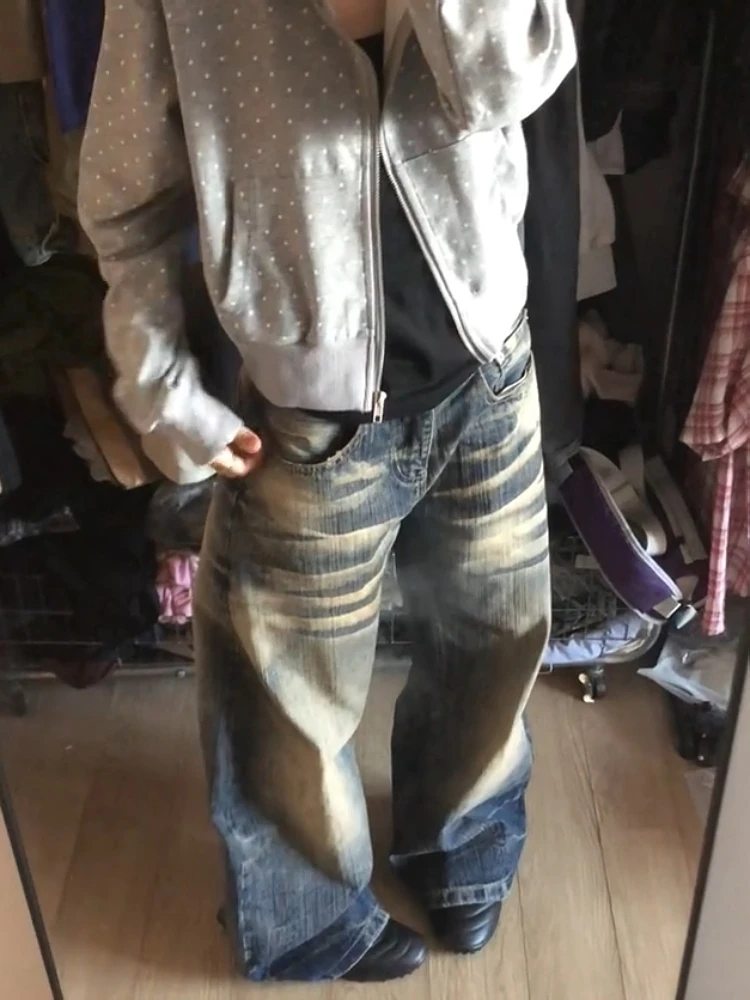 

Модные женские джинсы большого размера в американском ретро-стиле с эффектом потертости и градиентным переходом цвета, свободного прямого кроя, в уличном стиле