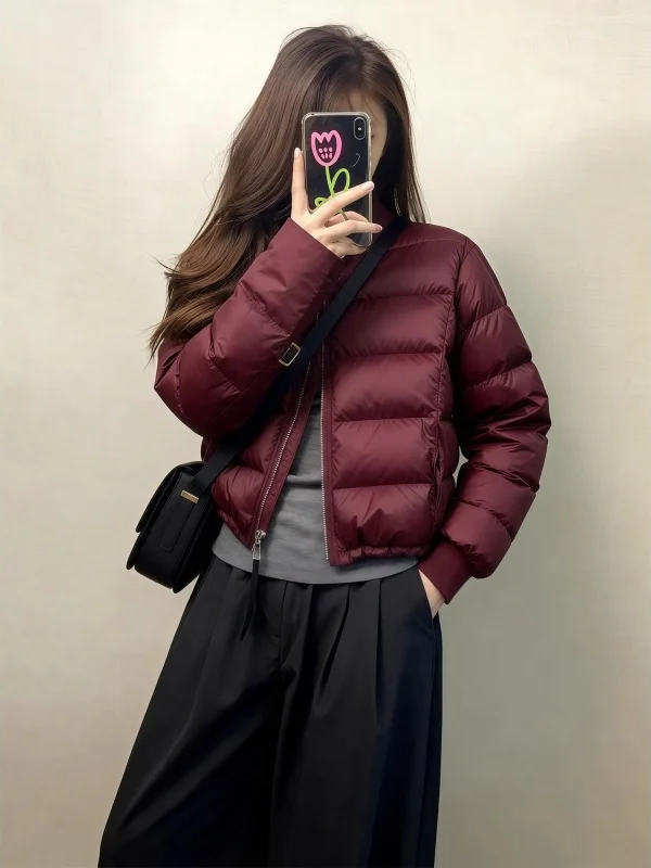 

Korean Style Short Lightweight Red Wine Color Cotton Jacket Women's Winter Outerwear Breathable Casual Loose Fit Coat