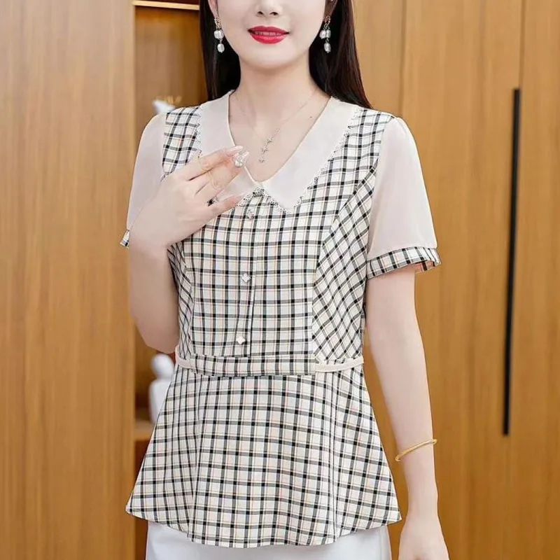 Summer new Women's Blouse contrast color Peter pan Collar Button Plaid Spliced Gauze short Sleeve Slim Elegant Chiffon shirt Top