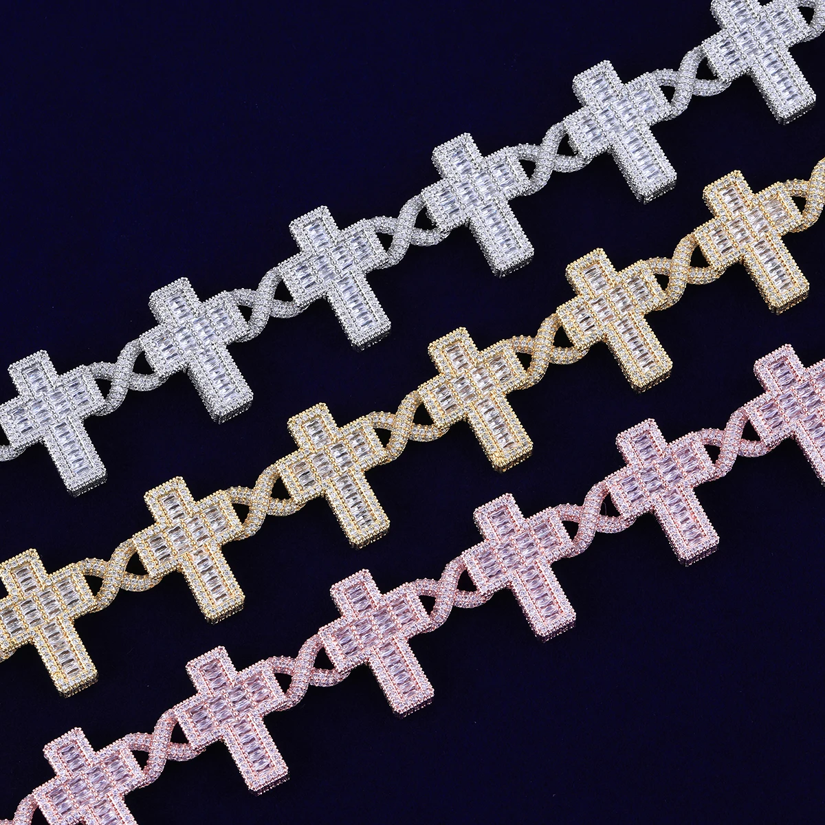 Bubble Letter Iced Out Baguette Cross Infinity Necklace Choker for Women Prong Setting Chain Hip Hop Jewelry