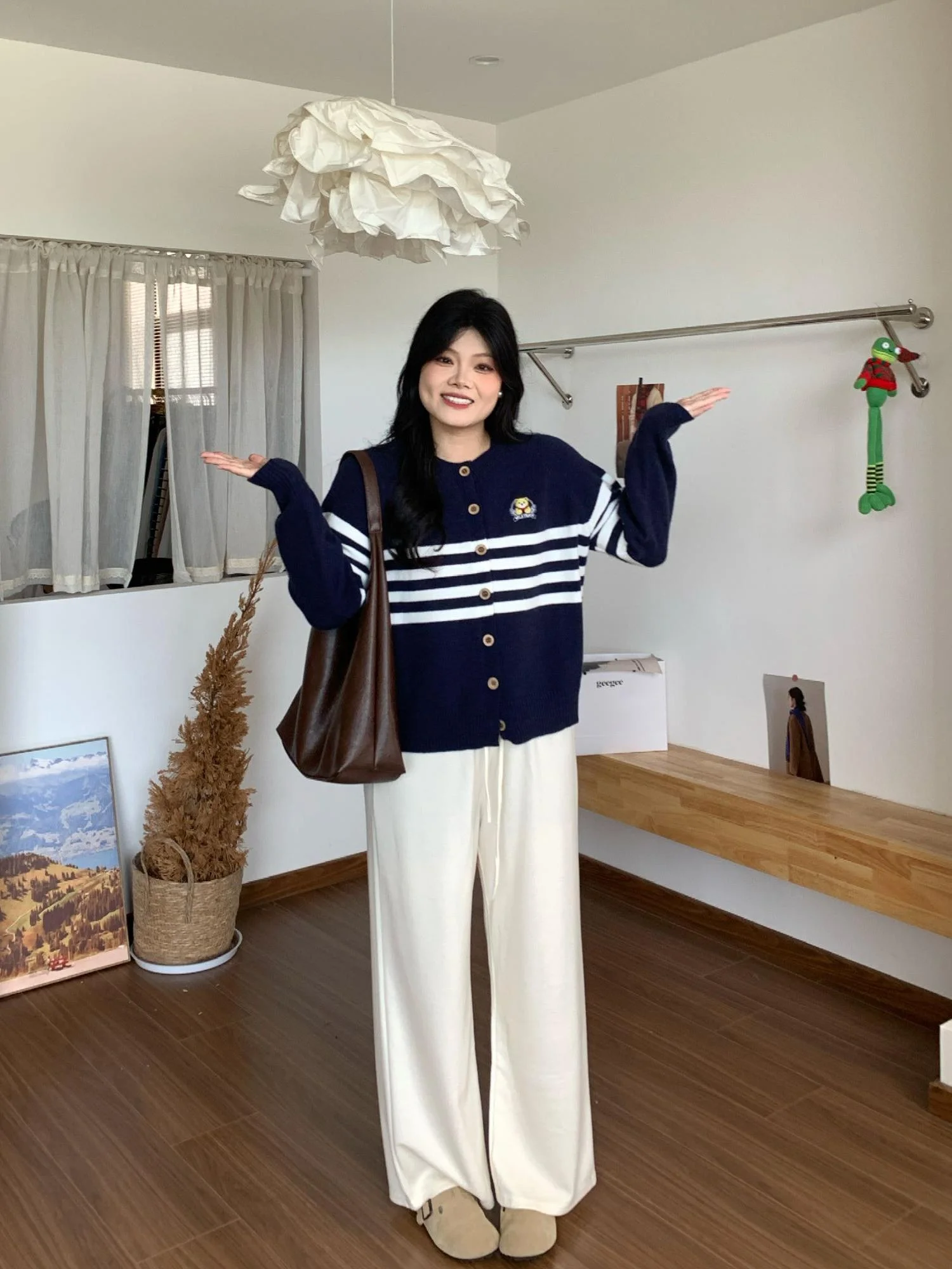 

plus Size Knitted Cardigan Women's College Sle Striped Color Blo Embroidery Sweater Outerwear Autumn Season Korean Faion