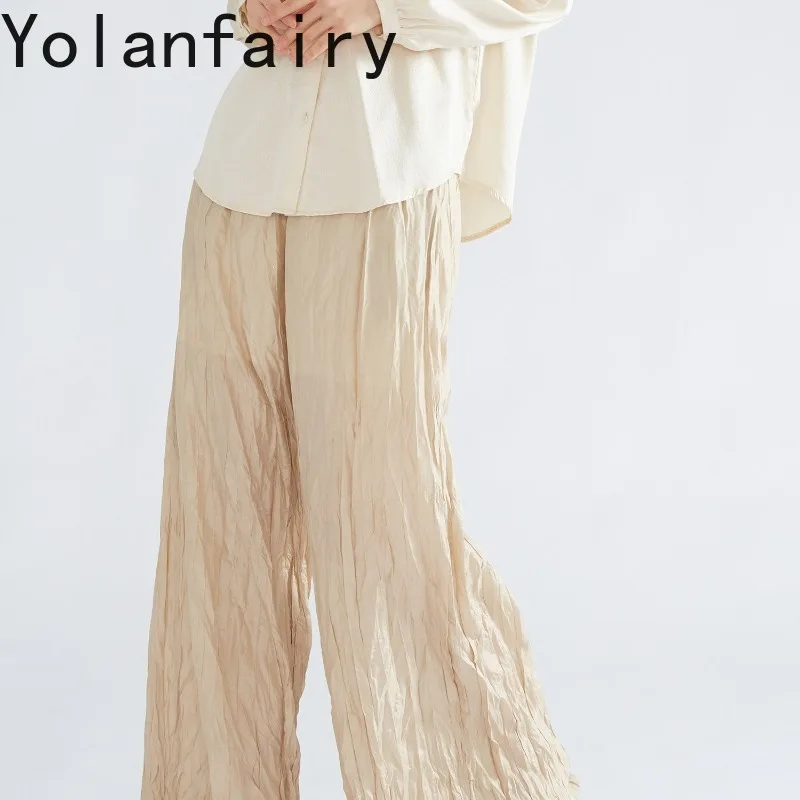 YOLANFAIRY New 100% Mulberry Silk Pants for Women Loose Wide Leg Straight Casual Pants Crinkled Textured Spring Summer Trousers