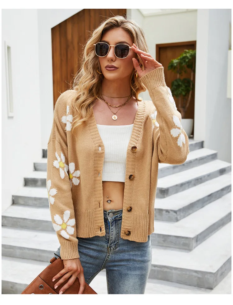 Women's Fashion Cardigan Sweater Knitted Loose Single Breasted Printed Autumn Winter V-shaped Long Sleeved Sweater Jacket