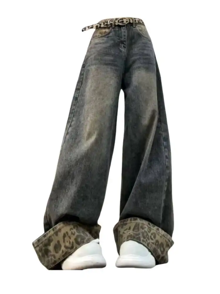 Jeans patchwork con design di nicchia con orlo arrotolato con stampa leopardata americana per le donne Nuovi pantaloni lunghi versatili a gamba larga Pantaloni a campana Moda