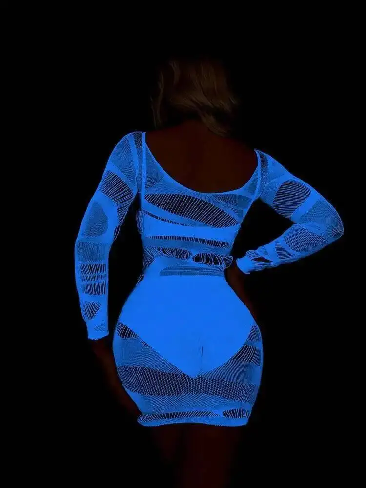Sexy, figurbetontes Kleid, elegant, blaues Licht, leuchtend, sexy, leuchtend, Übergröße, sexy Langarm-Mesh-Kleid, sexy koreanisches SM, exotisch, LUW8