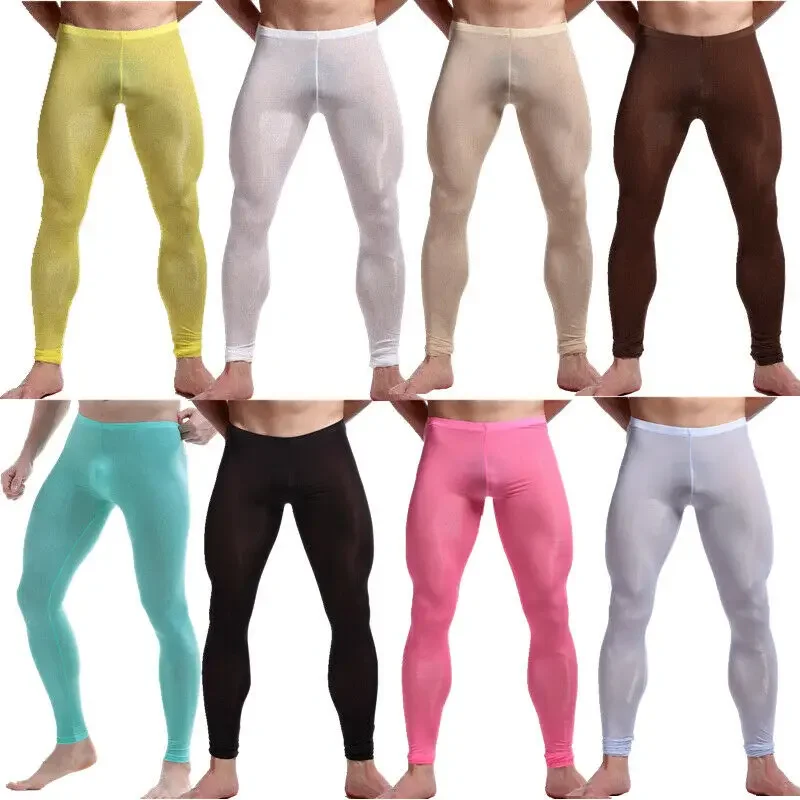 Sexy Mens Sleep Bottoms Ice Silk Ultra-thin Transparent Thermal Pants Cool Leggings Men Long Johns Lounge Tight Pants Underwear