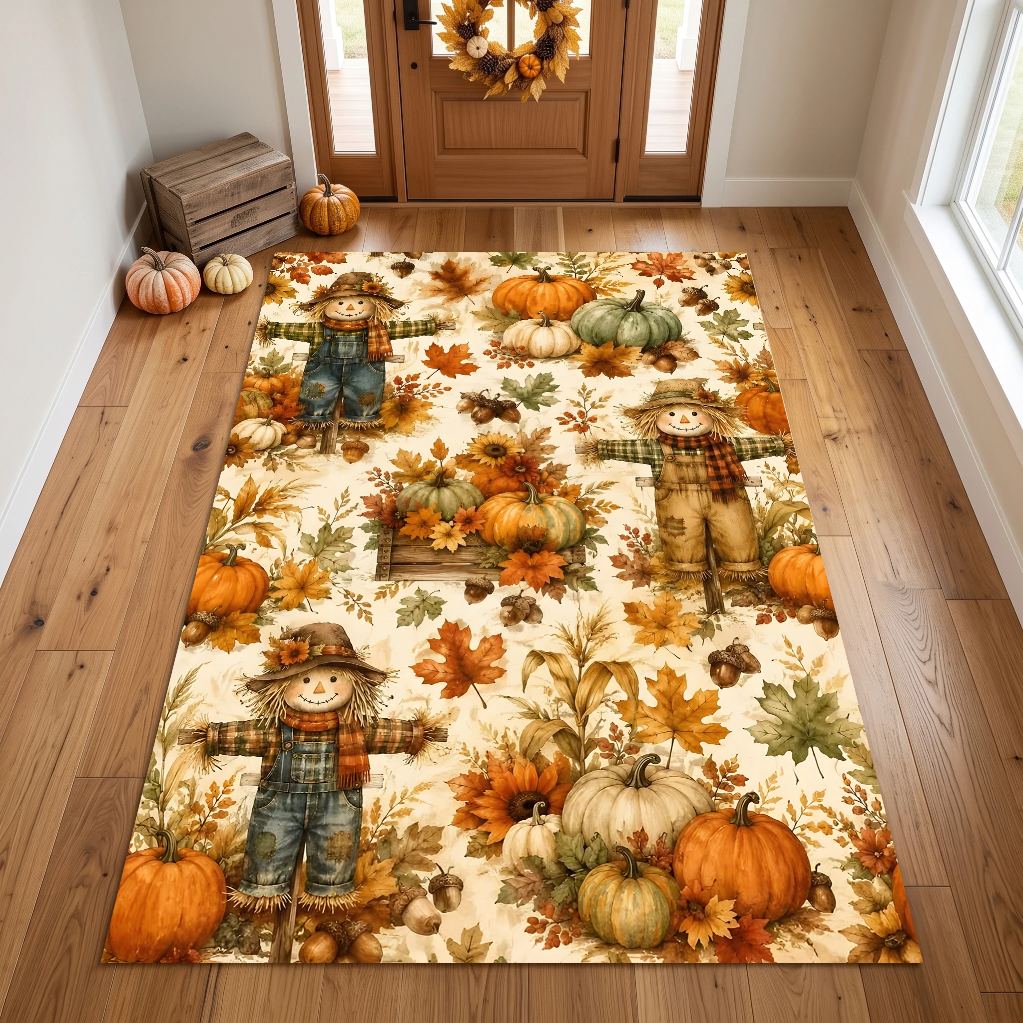 Scarecrow, Pumpkin, Autumn Maple Print, American Retro Style, Living Room, Entryway, Bedroom, Autumn and Winter Velvet Rug Creates a Warm Autumn Harvest Atmosphere