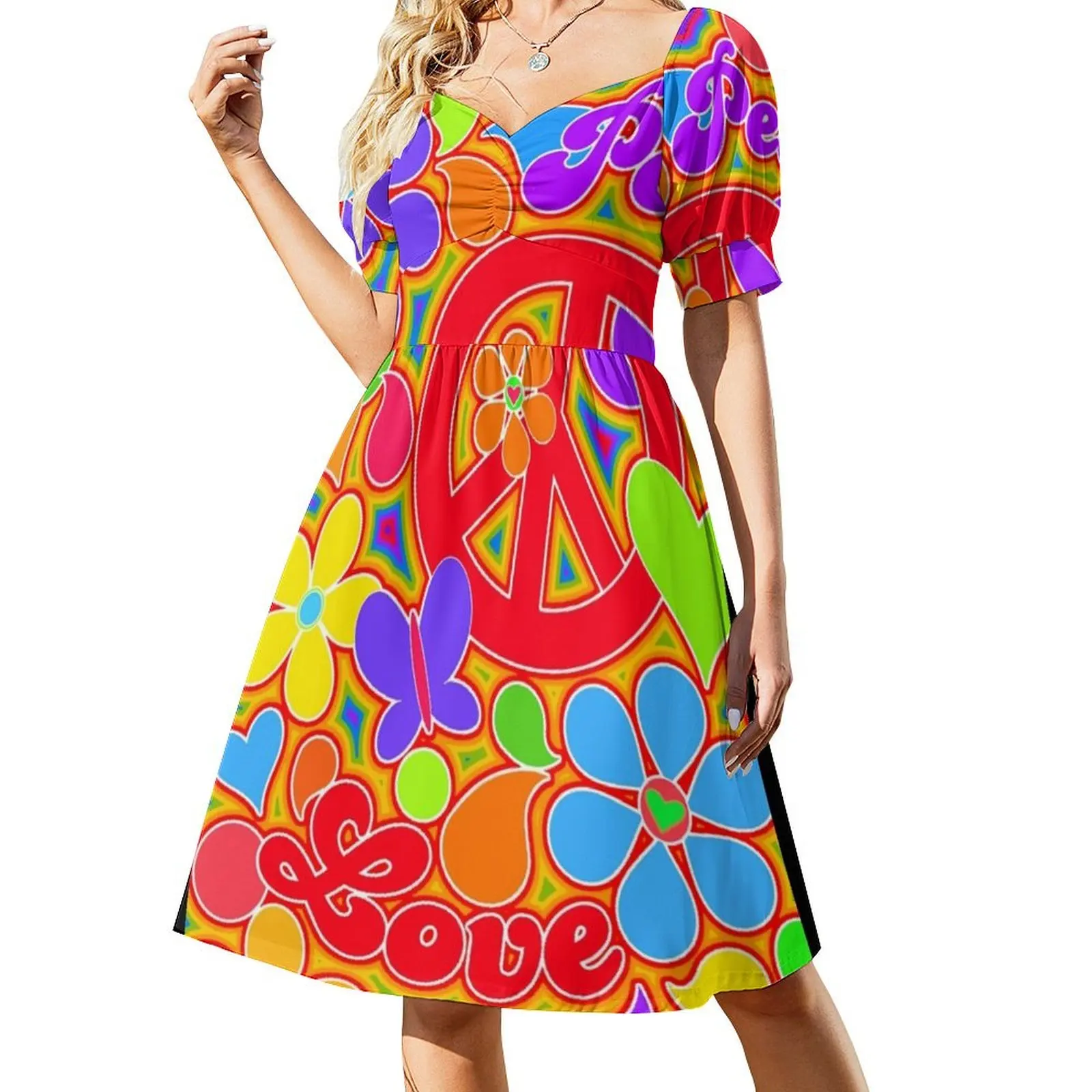 

Rainbow Pop Art Colorful Peace and Love Flower Power Art Short Sleeved Dress dress for women 2025 Dress