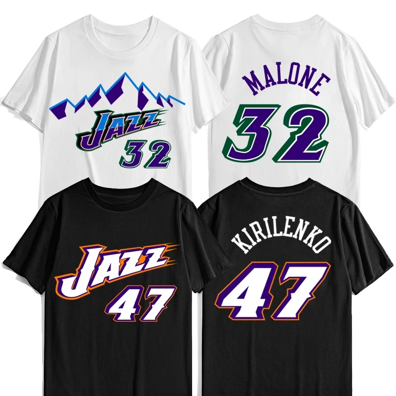 Karl Malone No. 32 Stockton No. 12 Kirilenko No. 47 Short Sleeve T-shirt Vintage Cotton Printed Jersey for Men and Women