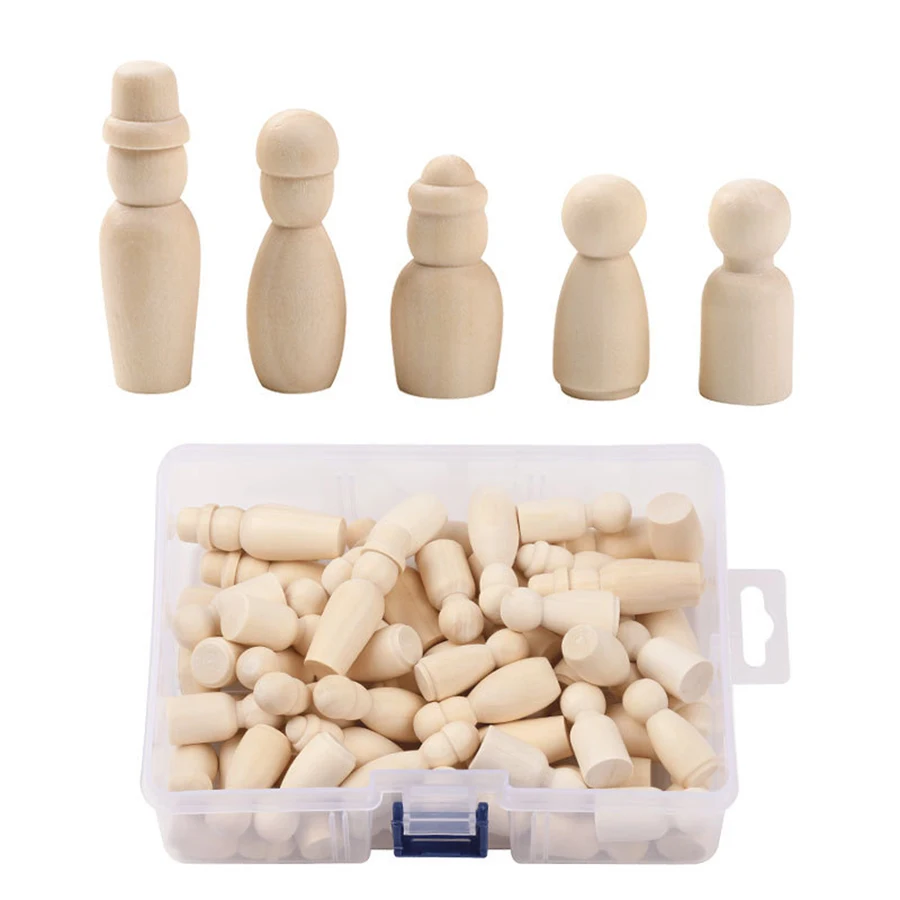 ABCPICK 60pcs natural unfinished kokeshi wooden figures family peg angel dolls with accessories art diy handmade crafts for kids