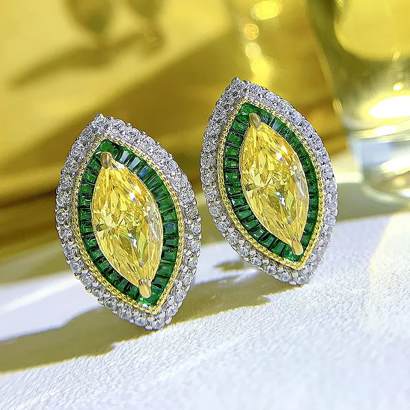 18K white gold earrings 6*13mm platinum PT950 yellow diamond horse eye women's versatile European and American style earrings