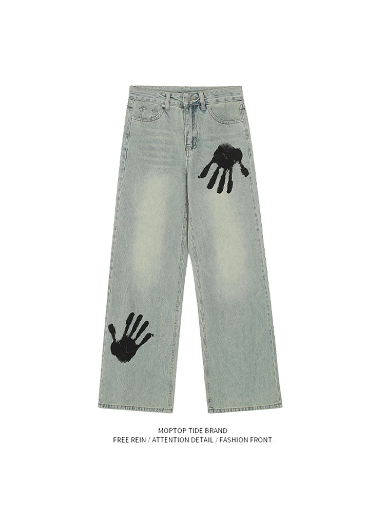 

Американские ретро-джинсы в стиле хип-хоп с принтом пальм, с высокой талией, свободного прямого кроя, в пол, для мужчин и женщин