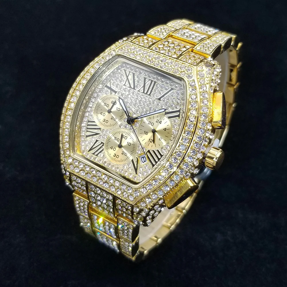 Bling Diamond Watches for Men Fashion Stainless Steel Quartz Wristwatch Hip Hop Gold Waterproof Timer Clock Relogio Masculinoio