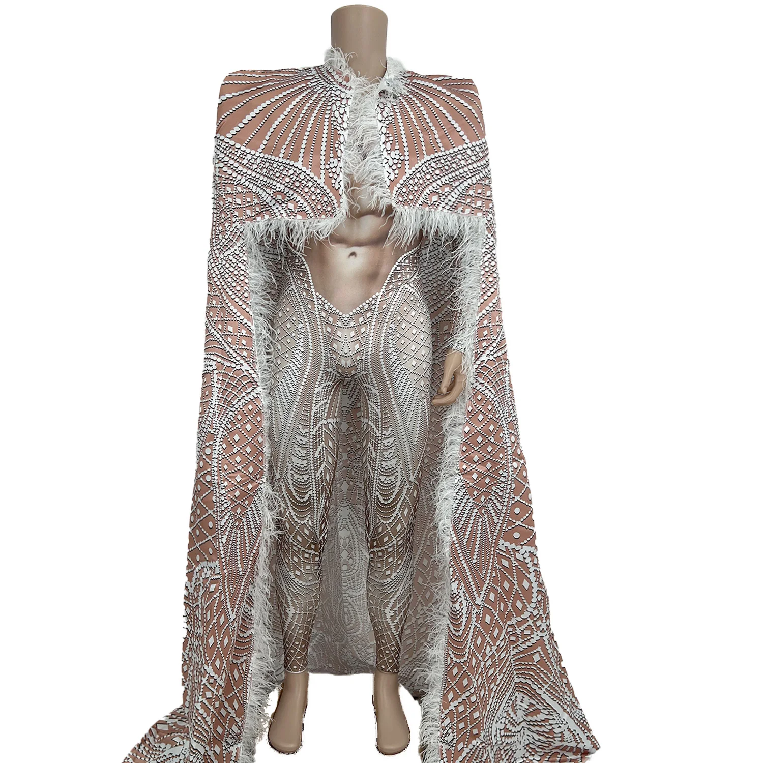 Designer Print Feathers Men Rhinestone Jumpsuits Long Cloak Jacket 2 Piece Sets Male Drag Show Stage Performance Festival Outfit