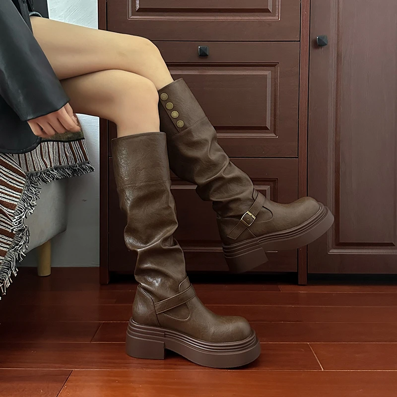 Autumn Winter Platform Thick Bottom Women Long Boots Fashion Slip On Shoes Vintage Ladies Knight Botas