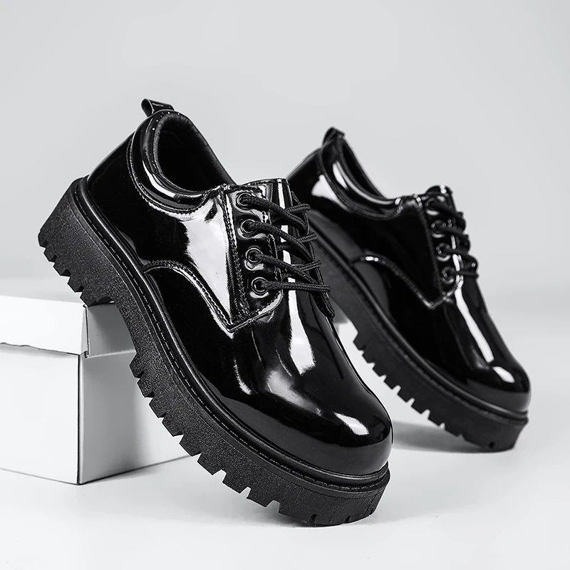 Patent Leather Black Men‘s Casual Shoes Platform Lace Up Business Shoes Office Work Shoes Party Wedding Formal Dress Footwear