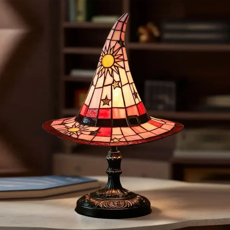 Halloween Witch Hat Lamp Stained Glass Mood Light USB Powered Creative Table Lamp Night Light Living Room Home Bedroom Decoratio