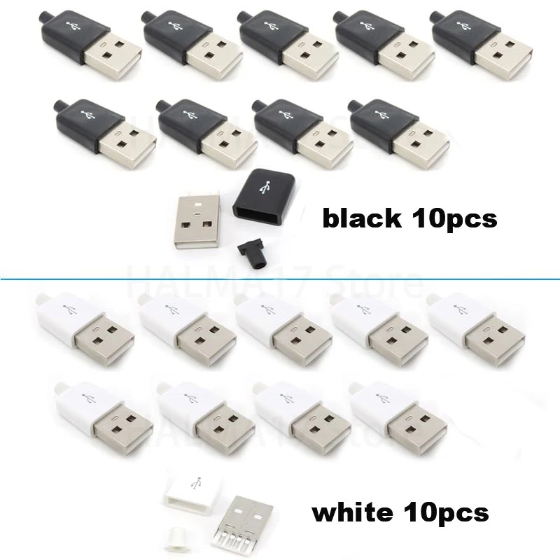 10ks USB typ lodni konektor pánský 4 špendlík kolíček nástrčkový s černá bílá plastový obal USB 2.0 type-a pájení DIY soupravy J17