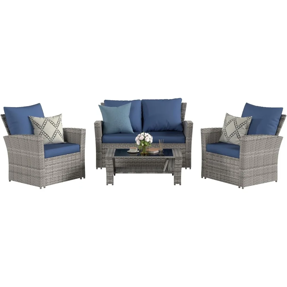 4 Pieces Patio Furniture Set,Wicker Outdoor Sectional Sofa Sets, Grey PE Rattan Patio Conversation Set Balcony, Porch, Blue