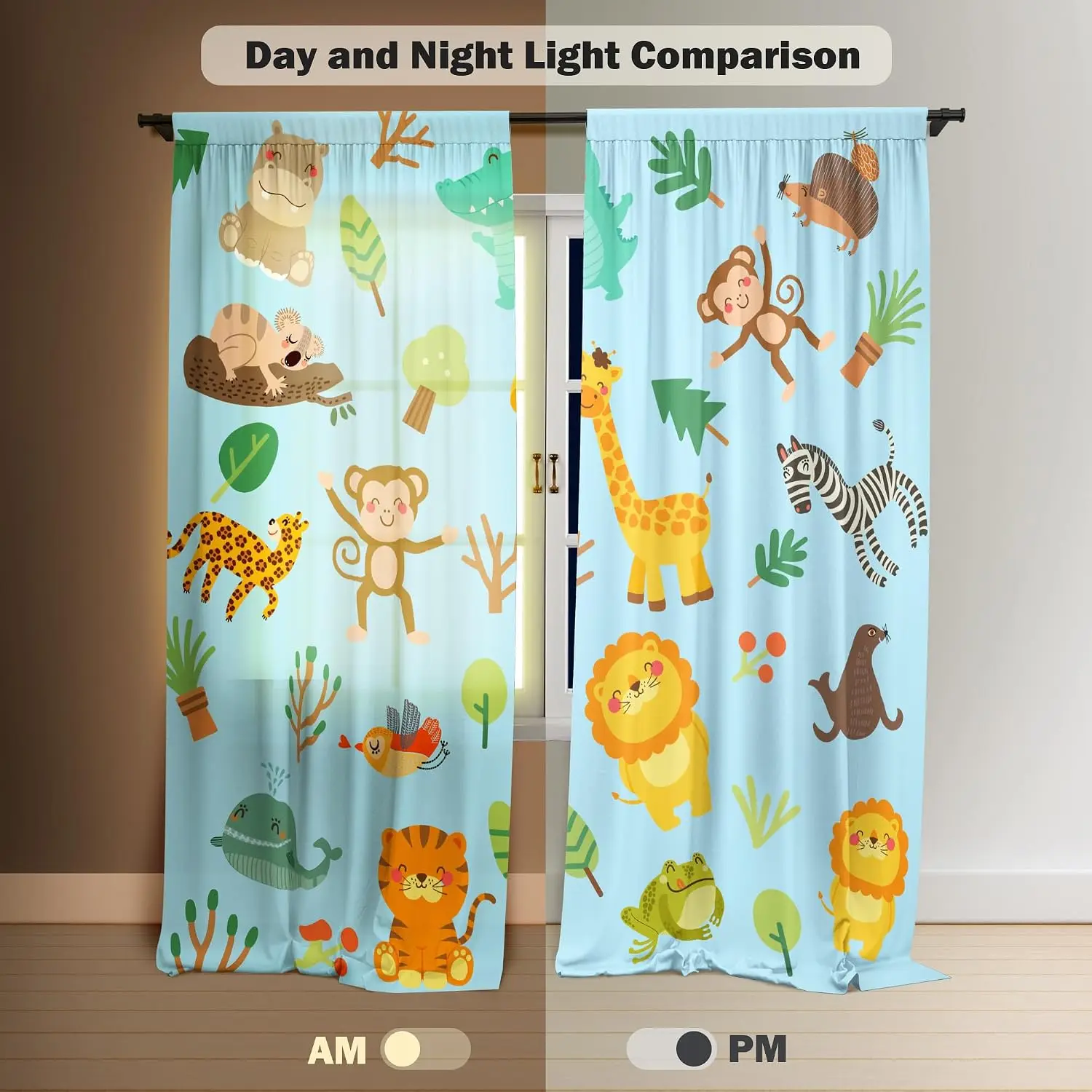 Kids Safari Animal Curtains,Cute Lion Tiger Giraffe Monkey Wild Animal Tree Foliage Light Blue Drapes for Toddler Playroom Decor