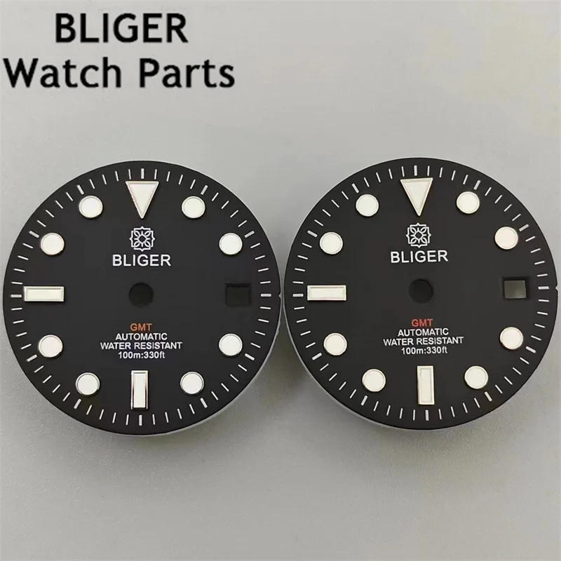 Bligger-照明Gmt markウォッチダイヤル、黒、白、赤、オレンジ、緑、青、nh34、nh35、mingzhu3804ムーブメント、29mmに適合