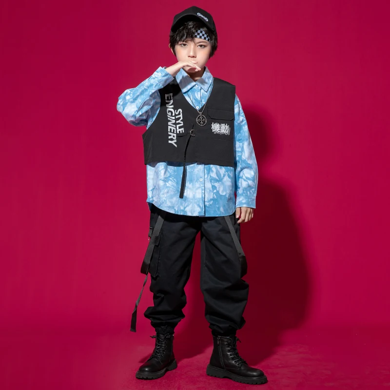 子供のためのヒップホップスタイルの服,ダイシャツ,ストリートウェア,黒のカーゴパンツ,ジャズダンスのための衣装,ヒップホップウェア