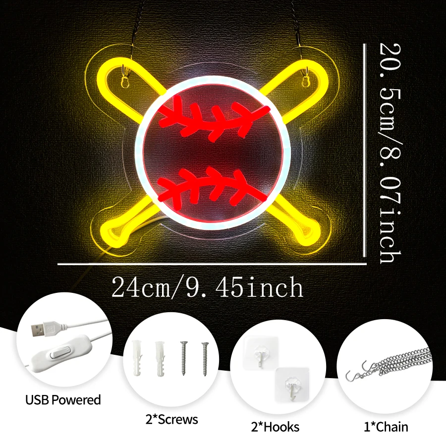 Cross Baseball Bat LED Neon Sign USB Powered, Sports Wall Lamp for Man Cave Bedroom Dorm Decor, Birthday Christmas Gift  ﻿