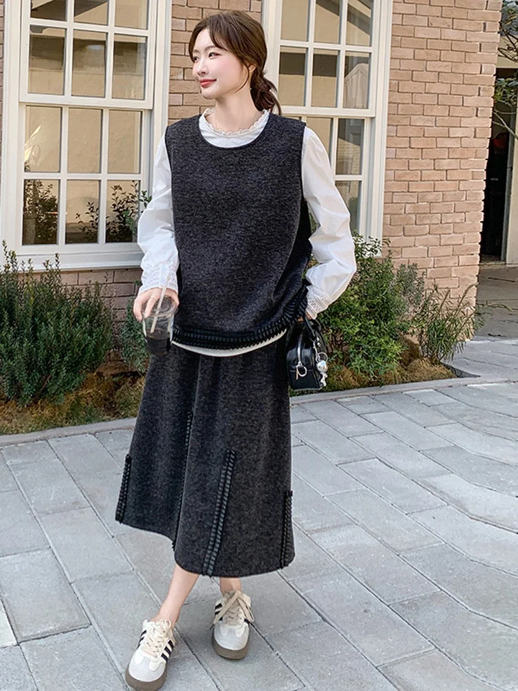 

High Waist Maxi Skirt Set Women's Fashion Spring Collection Floral Lace Collar Bubble Sleeve Vest Shirt Three Piece Ensemble