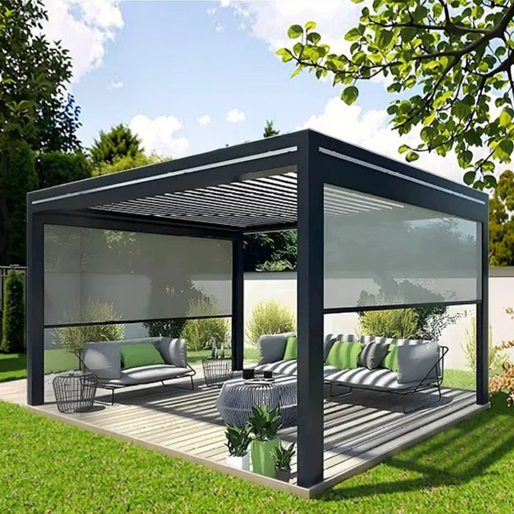 SINGO  Outdoor Bioclimatic Waterproof UV Block Motorized Louvered Aluminum Pergola with Sliding Glass Zip Screen