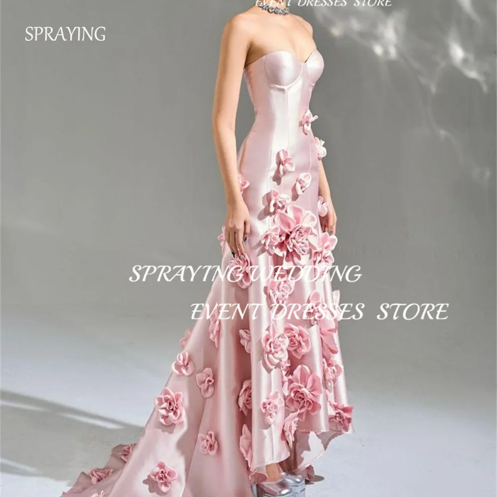 SPRAYING pink Exquisite Satin Sweetheart Sleeveless Party Dress handmade flower Long Evening Dress Floor-Length Formal Dress